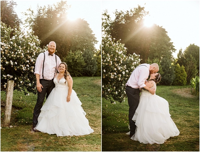 Premier snohomish & seattle wedding photographer | gsquared weddings photography a bride in a white gown and a groom in dress pants suspenders and a shirt pose together outdoors at sunset during their snohomish seattle wedding they smile in one photo and share a kiss by flowering bushes in another | serving snohomish seattle                   & beyond