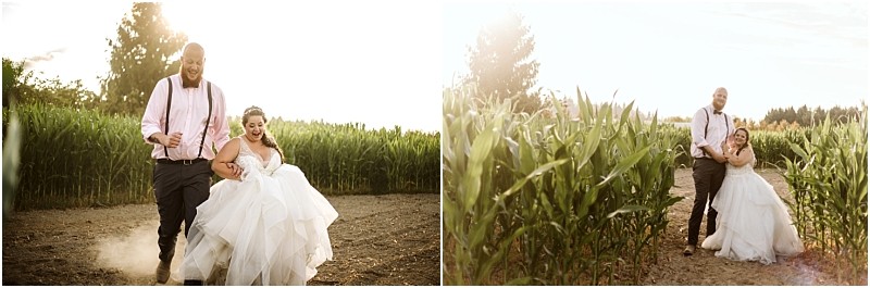 Premier snohomish & seattle wedding photographer | gsquared weddings photography a joyful bride and groom walk and laugh together on a dirt path next to a tall cornfield at sunset during their snohomish seattle wedding engagement with the bride in a white gown and the groom in suspenders and dress pants | serving snohomish seattle                   & beyond