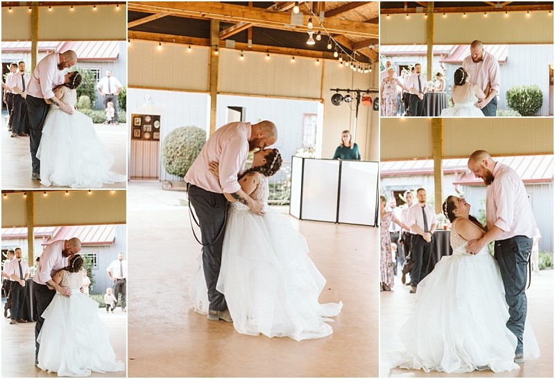 Premier snohomish & seattle wedding photographer | gsquared weddings photography a collage of wedding photos shows a snohomish couple sharing their first dance in a rustic decorated venue near seattle The groom dips the bride in her white gown as they laugh capturing pure engagement and joy | serving snohomish seattle                   & beyond