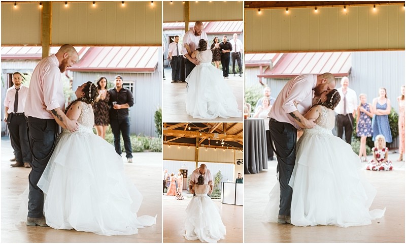 Premier snohomish & seattle wedding photographer | gsquared weddings photography a collage of five photos shows a bride and groom sharing their first dance at a rustic snohomish wedding venue near seattle with guests watching and smiling in the background The bride wears a white gown the groom wears a light shirt and dark pants | serving snohomish seattle                   & beyond