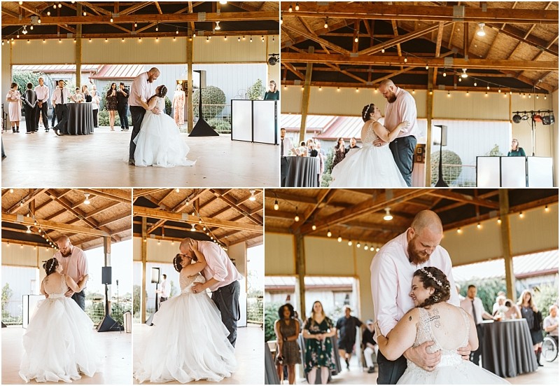 Premier snohomish & seattle wedding photographer | gsquared weddings photography a bride and groom share a joyful first dance in a rustic open air snohomish venue with friends and family watching Beneath string lights the bearded groom and his bride in white celebrate their seattle wedding with radiant smiles | serving snohomish seattle                   & beyond