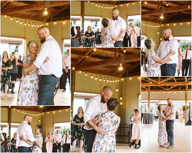 Premier snohomish & seattle wedding photographer | gsquared weddings photography a collage of six photos shows a man and an older woman dancing together at a rustic snohomish wedding People in formal attire watch in the background as string lights hang from the wooden ceiling | serving snohomish seattle                   & beyond