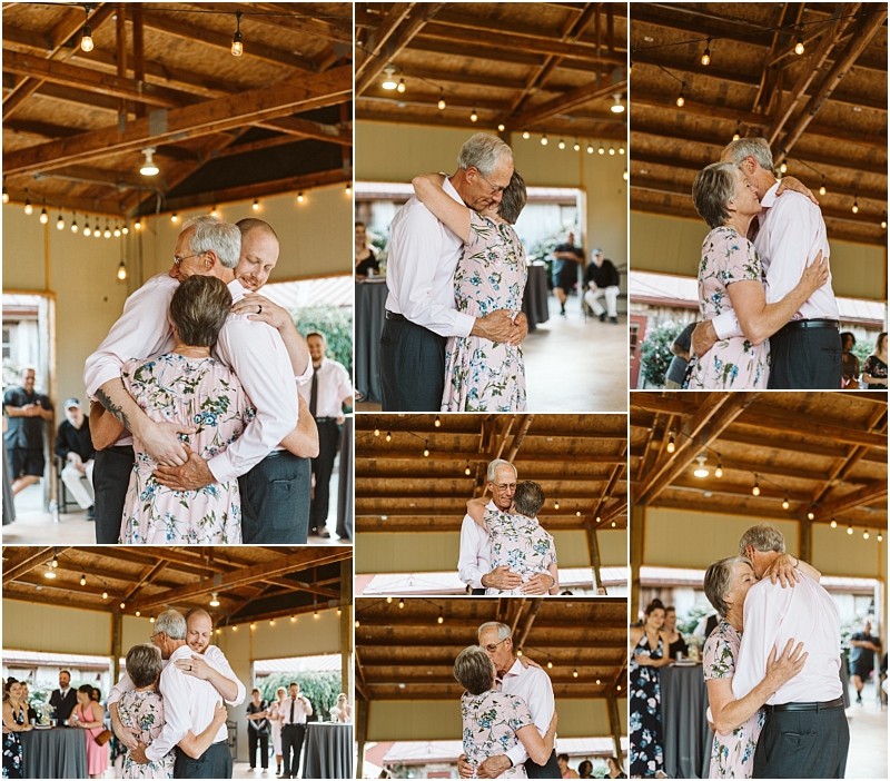 Premier snohomish & seattle wedding photographer | gsquared weddings photography a collage of snohomish wedding photos shows an elderly couple dancing together under string lights in a wooden pavilion sharing hugs and smiles with each other and a man in a white shirt and tie | serving snohomish seattle                   & beyond