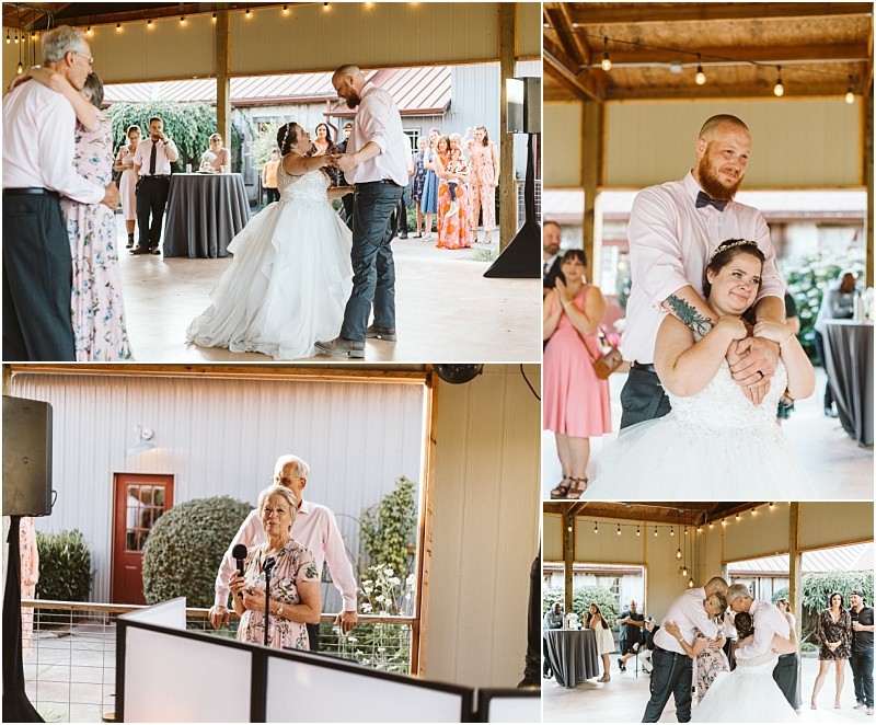 Premier snohomish & seattle wedding photographer | gsquared weddings photography a collage of snohomish wedding reception moments shows a bride and groom dancing hugging and smiling with guests watching and an older woman speaking into a microphone inside a beautifully decorated venue | serving snohomish seattle                   & beyond
