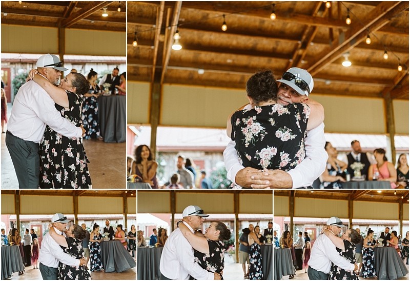 Premier snohomish & seattle wedding photographer | gsquared weddings photography a collage of five photos shows a man in a cap and sunglasses dancing closely with a woman in a floral dress at an indoor snohomish wedding event surrounded by guests who are watching and smiling | serving snohomish seattle                   & beyond