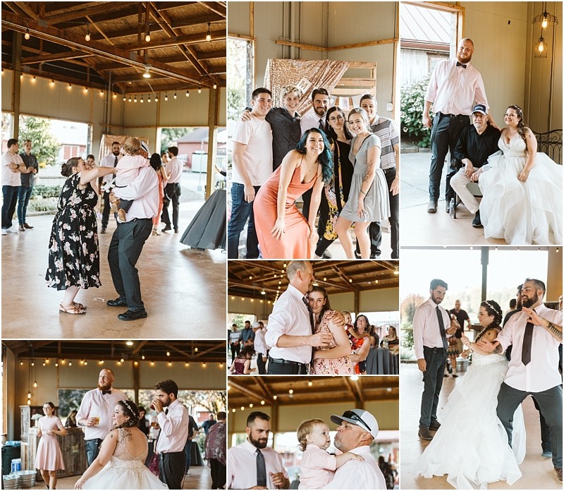 Premier snohomish & seattle wedding photographer | gsquared weddings photography a collage of snohomish wedding reception moments shows guests dancing posing for group photos and enjoying themselves in a rustic indoor venue with string lights and wooden beams The bride and groom appear in several joyful scenes | serving snohomish seattle                   & beyond