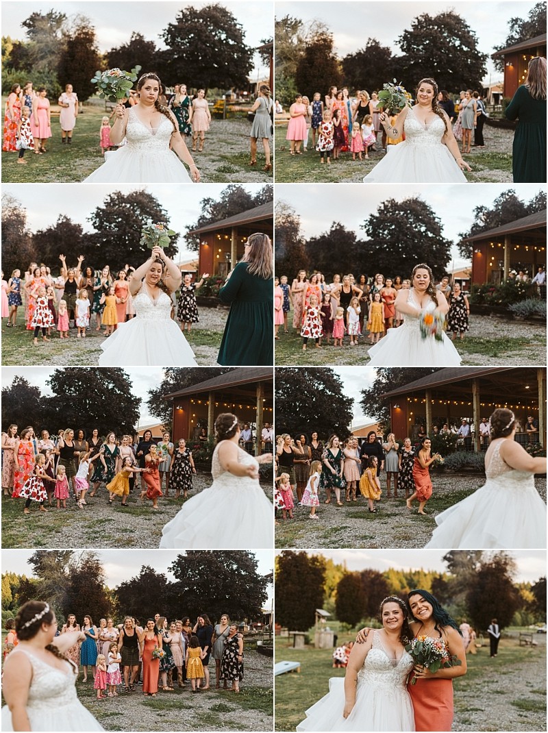 Premier snohomish & seattle wedding photographer | gsquared weddings photography a sequence of snohomish wedding photos shows a bride tossing her bouquet to a cheering group outside One woman catches it and poses happily with the bride capturing the joy of this seattle engagement tradition | serving snohomish seattle                   & beyond