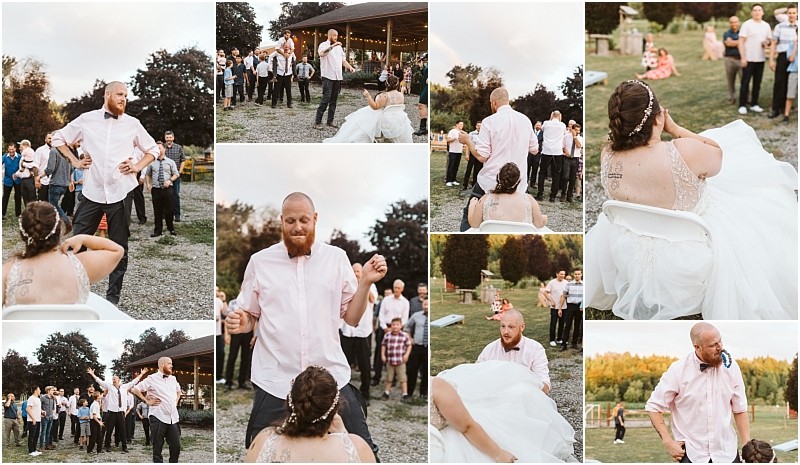 Premier snohomish & seattle wedding photographer | gsquared weddings photography a collage of outdoor wedding photos shows a groom dancing and playfully removing the garter from the seated bride while guests watch and laugh in the background Evening light and a rustic snohomish venue set this seattle wedding scene | serving snohomish seattle                   & beyond