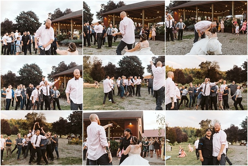 Premier snohomish & seattle wedding photographer | gsquared weddings photography a photo collage captures a fun snohomish wedding garter toss with the groom removing the garter from the bride and tossing it to a group of laughing men followed by cheers and celebration at this joyful seattle celebration | serving snohomish seattle                   & beyond