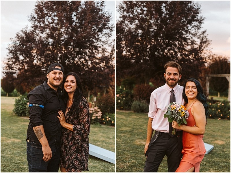 Premier snohomish & seattle wedding photographer | gsquared weddings photography side by side photos on the left a smiling couple poses outdoors in snohomish the man wearing a cap and black shirt the woman in a patterned dress On the right a seattle wedding engagement couple smiles together with flowers | serving snohomish seattle                   & beyond