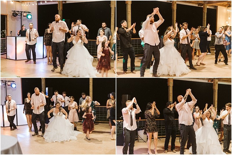 Premier snohomish & seattle wedding photographer | gsquared weddings photography a collage of four photos shows a bride groom and wedding guests dancing energetically in a rustic snohomish venue with string lights and wooden beams The bride wears a white gown as everyone enjoys this joyful seattle wedding celebration | serving snohomish seattle                   & beyond