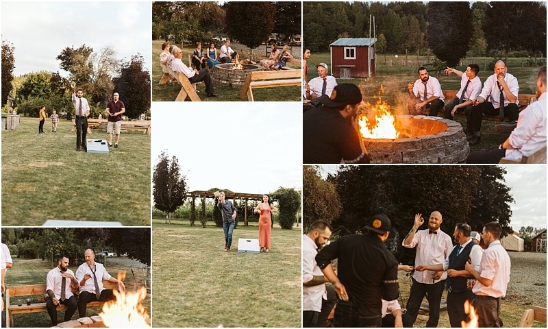 Premier snohomish & seattle wedding photographer | gsquared weddings photography a collage of outdoor gathering scenes shows people playing lawn games chatting and relaxing around a fire pit at a snohomish seattle wedding engagement in a grassy yard with trees and a red shed in the background | serving snohomish seattle                   & beyond