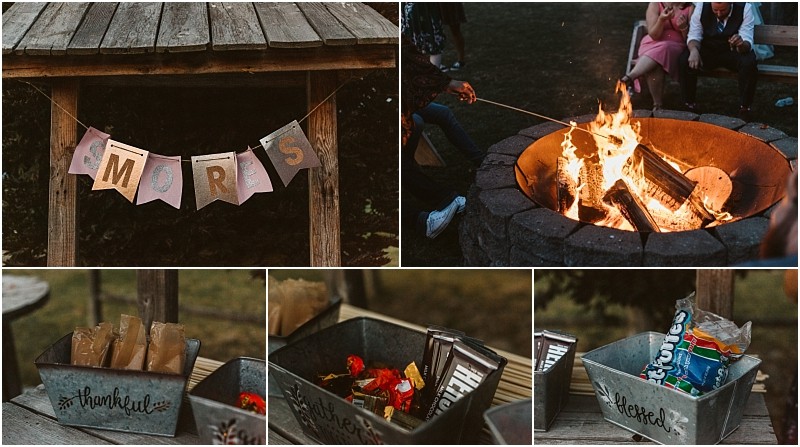 Premier snohomish & seattle wedding photographer | gsquared weddings photography a rustic smores station at your snohomish seattle wedding or engagement features a wooden stand with a smores banner a cozy fire pit for roasting marshmallows and metal bins filled with chocolate and graham crackers | serving snohomish seattle                   & beyond