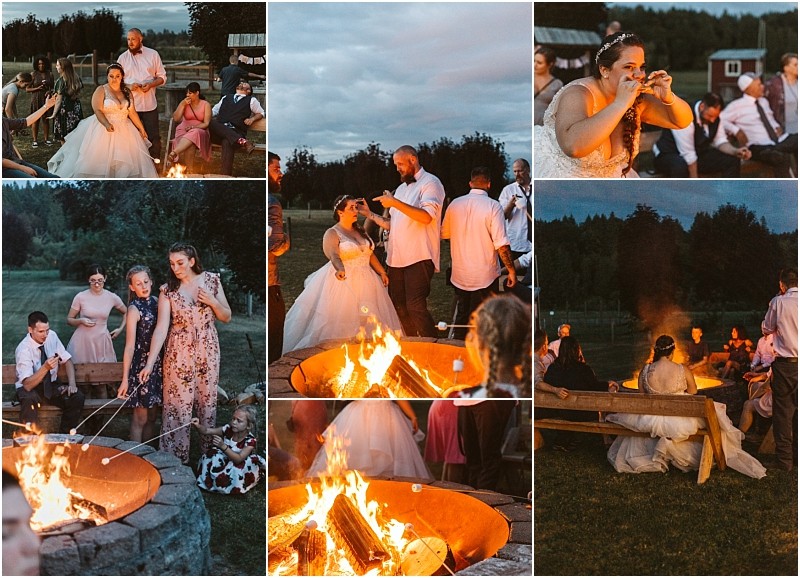 Premier snohomish & seattle wedding photographer | gsquared weddings photography a collage of wedding guests including the bride and groom gathered around a campfire outdoors at dusk in snohomish near seattle roasting marshmallows laughing and enjoying the warm festive atmosphere | serving snohomish seattle                   & beyond