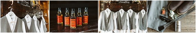 Premier snohomish & seattle wedding photographer | gsquared weddings photography a collage features gray vests on hangers small bottles of whiskey a row of white shirts with gray vests and close ups of brown shoes socks and a silver flaskperfect details for a snohomish seattle wedding or engagement | serving snohomish seattle                   & beyond