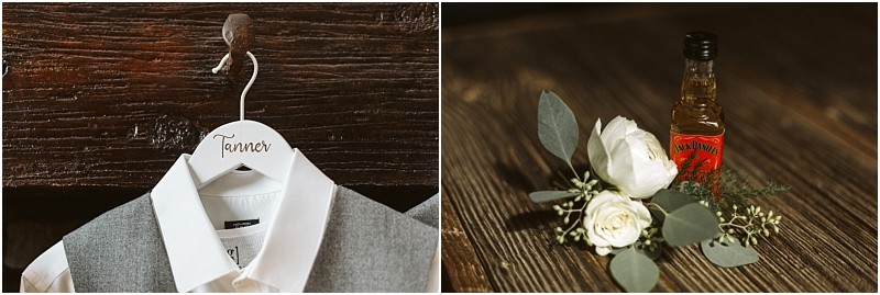 Premier snohomish & seattle wedding photographer | gsquared weddings photography a split image on the left a white shirt and grey vest on a hanger labeled tanner on the right a boutonniere with white flowers and greenery beside a small whiskey bottleperfect details for a snohomish seattle wedding engagement | serving snohomish seattle                   & beyond