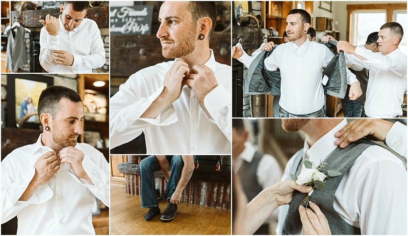 Premier snohomish & seattle wedding photographer | gsquared weddings photography a collage captures a snohomish groom getting ready for his seattle wedding putting on a shirt adjusting his collar adding his jacket and boutonniere and slipping on shoes with help from friends in a rustic indoor setting | serving snohomish seattle                   & beyond