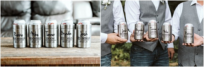 Premier snohomish & seattle wedding photographer | gsquared weddings photography six personalized stainless steel can holders labeled with names and wedding roles are displayedperfect for a snohomish seattle wedding Next four men in vests and white shirts raise their can holders together outdoors celebrating the engagement | serving snohomish seattle                   & beyond