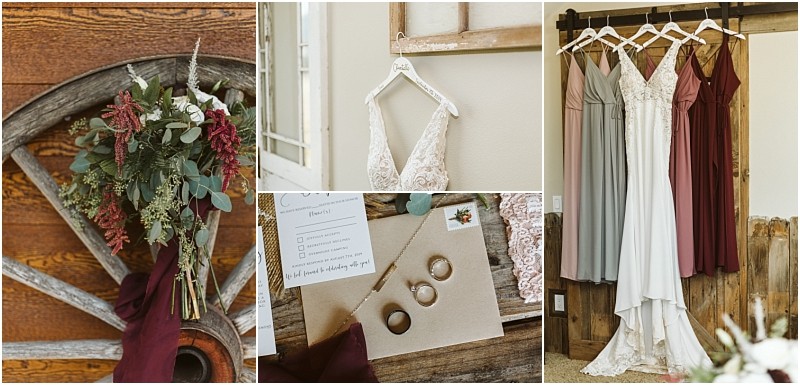 Premier snohomish & seattle wedding photographer | gsquared weddings photography a collage a bouquet with greenery and red accents on a wagon wheel a lace bridal gown hanging three wedding rings on an invitation and three dresses white mauve burgundy on wooden hooks at a snohomish seattle wedding | serving snohomish seattle                   & beyond