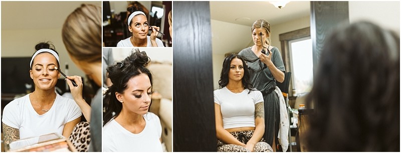 Premier snohomish & seattle wedding photographer | gsquared weddings photography a woman with dark hair is getting her makeup and hair done by stylists in a bright room She sits calmly in a white top during this snohomish seattle wedding prep captured in several beautiful collage photos | serving snohomish seattle                   & beyond