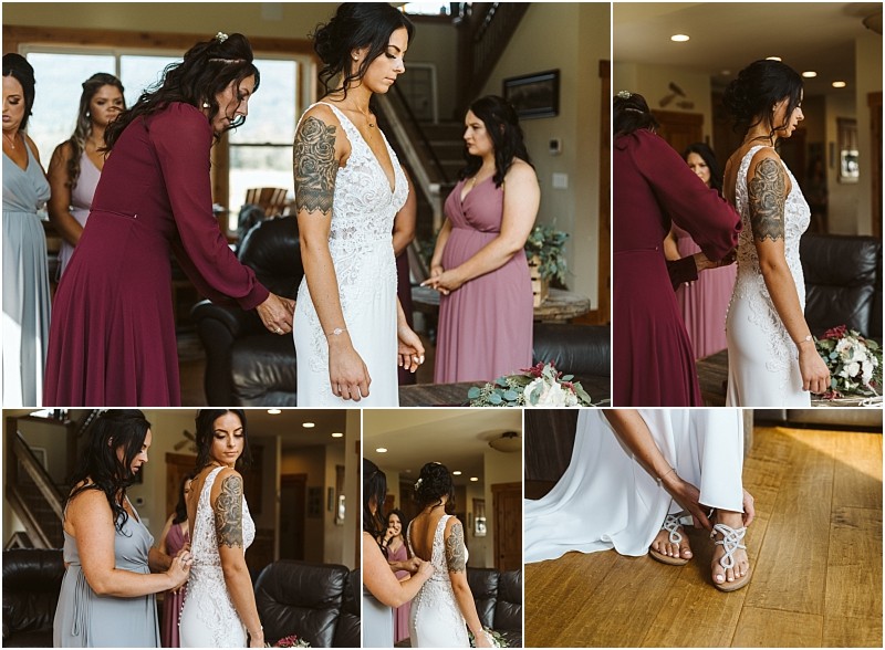 Premier snohomish & seattle wedding photographer | gsquared weddings photography a bride in a white dress gets ready with help from women in mauve and plum dresses for her snohomish seattle wedding They adjust her gown and shoes in a warmly lit room with wood floors and comfortable furniture | serving snohomish seattle                   & beyond