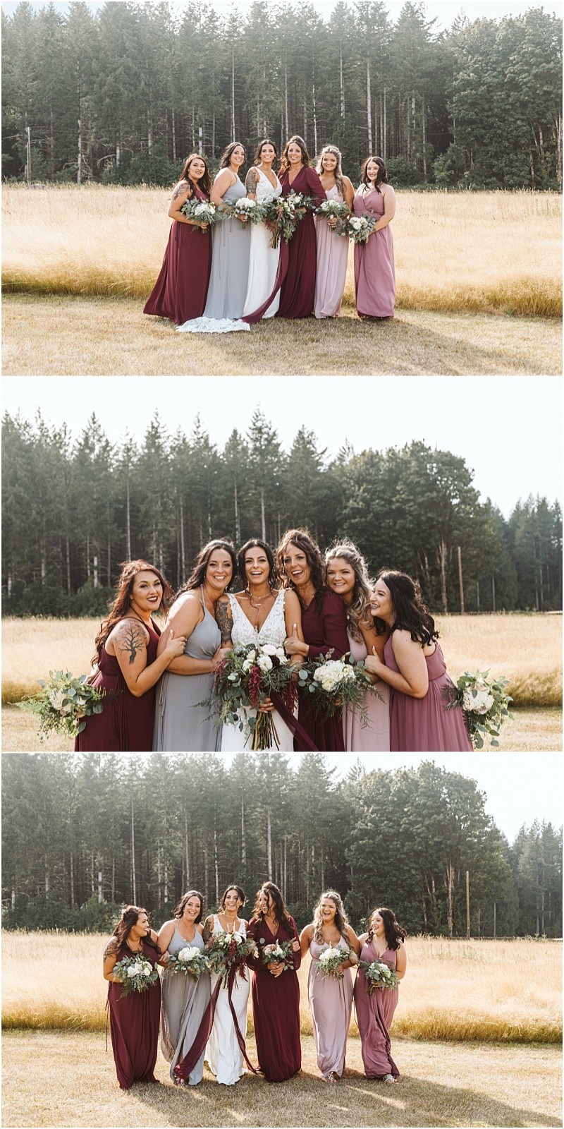 Premier snohomish & seattle wedding photographer | gsquared weddings photography a bride in a white dress stands outdoors in a grassy field with six bridesmaids wearing mismatched burgundy mauve and gray dresses all holding bouquets and smiling joyfully at their snohomish wedding among tall pine trees | serving snohomish seattle                   & beyond