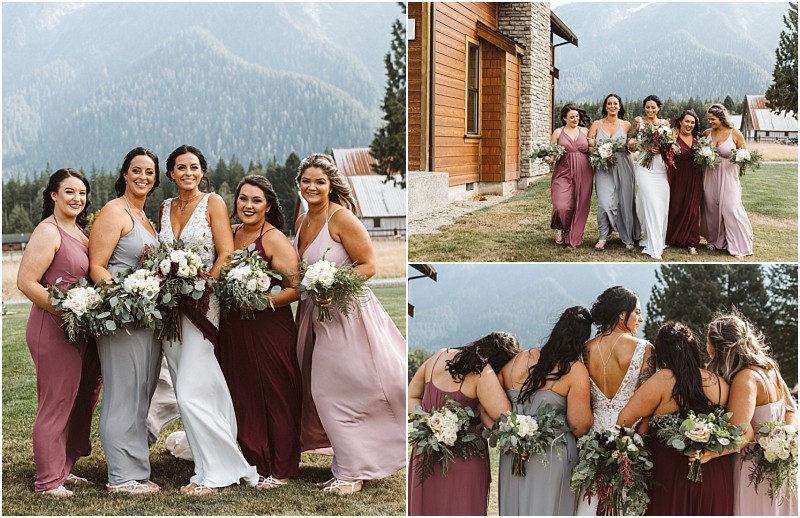 Premier snohomish & seattle wedding photographer | gsquared weddings photography a bride in a white gown stands outdoors with five bridesmaids in mismatched mauve and pink dresses They smile hold flower bouquets and pose together with mountains and pine trees in the background at a snohomish seattle wedding | serving snohomish seattle                   & beyond