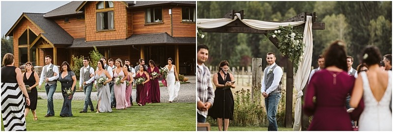 Premier snohomish & seattle wedding photographer | gsquared weddings photography a bridal party walks across a lawn toward a flower adorned wooden arch where the groom and guests await The outdoor snohomish setting near a large rustic style house offers a charming backdrop for this seattle wedding moment | serving snohomish seattle                   & beyond