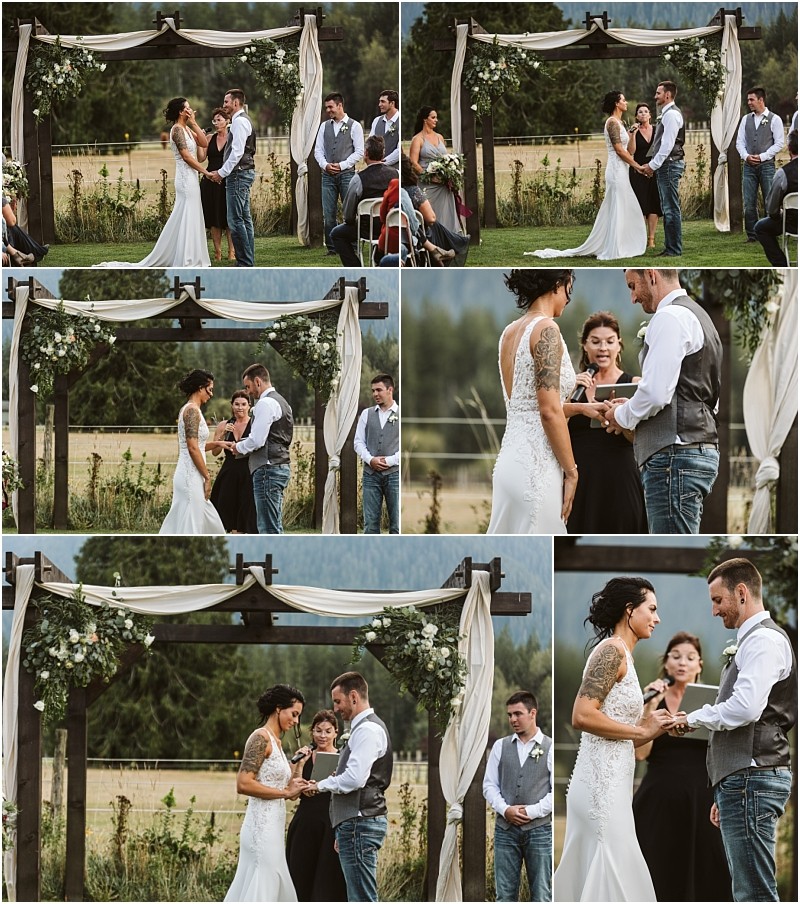 Premier snohomish & seattle wedding photographer | gsquared weddings photography a bride and groom exchange vows and rings under a floral arch outdoors accompanied by an officiant and groomsmen set against lush greenery and mountains at a beautiful snohomish seattle wedding | serving snohomish seattle                   & beyond
