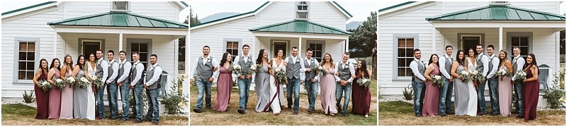 Premier snohomish & seattle wedding photographer | gsquared weddings photography three group photos of a snohomish wedding party standing outdoors in front of a white house with a green roof Bridesmaids in mauve dresses and groomsmen in gray suits and suspenders smile and pose together capturing seattle wedding joy | serving snohomish seattle                   & beyond
