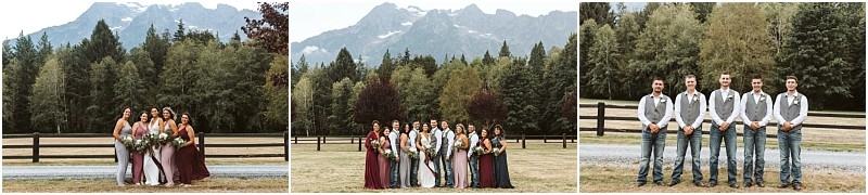 Premier snohomish & seattle wedding photographer | gsquared weddings photography three outdoor snohomish wedding party photos first with bridesmaids in colorful dresses second with the full wedding party and third with groomsmen in white shirts and jeans all set against scenic trees and mountains near seattle | serving snohomish seattle                   & beyond