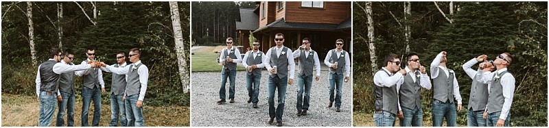 Premier snohomish & seattle wedding photographer | gsquared weddings photography three photos show four groomsmen in casual wedding attire with sunglasses outdoors toasting walking together and drinking shots in a forested area near a cabin at a relaxed snohomish seattle wedding | serving snohomish seattle                   & beyond