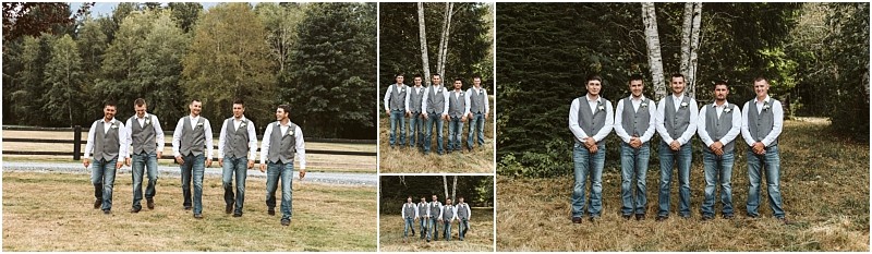Premier snohomish & seattle wedding photographer | gsquared weddings photography a group of six men dressed in jeans white shirts and grey vests pose together outdoors at a snohomish seattle wedding in front of trees and a wooden fence on a grassy area in three different arrangements | serving snohomish seattle                   & beyond