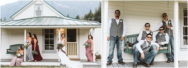 Premier snohomish & seattle wedding photographer | gsquared weddings photography two photos from a snohomish seattle wedding on the left a bride and bridesmaids in pastel dresses pose on the porch of a white house On the right four groomsmen in vests and sunglasses relax casually on the same porch | serving snohomish seattle                   & beyond