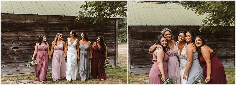 Premier snohomish & seattle wedding photographer | gsquared weddings photography two photos show four women in bridesmaid dresses and a wedding gown smiling and posing together outside a rustic wooden building with a green roof holding bouquets on a grassy area at a charming snohomish seattle wedding | serving snohomish seattle                   & beyond