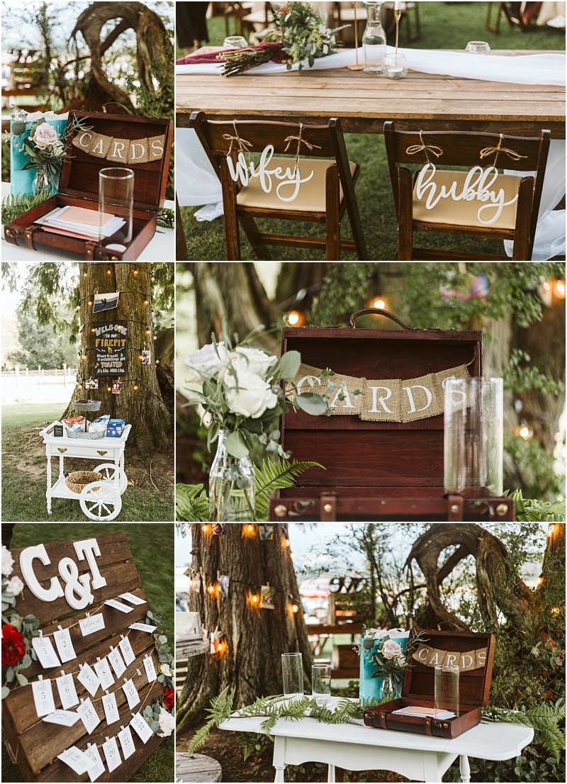 Premier snohomish & seattle wedding photographer | gsquared weddings photography collage of rustic snohomish wedding decor wooden cards box wifey and hubby chair signs a white cart with flowers and cards string lights and a wooden board displaying guest names and c&t initialsperfect for a seattle wedding engagement | serving snohomish seattle                   & beyond