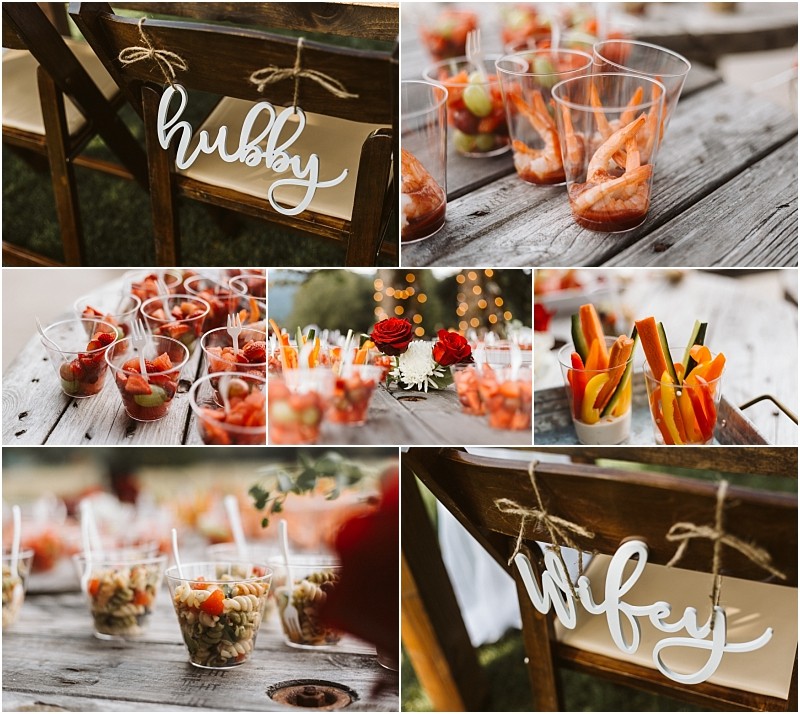 Premier snohomish & seattle wedding photographer | gsquared weddings photography a collage of snohomish wedding reception details wooden chairs with hubby and wifey signs clear plastic cups filled with shrimp veggies and pasta salads and a centerpiece of red roses | serving snohomish seattle                   & beyond
