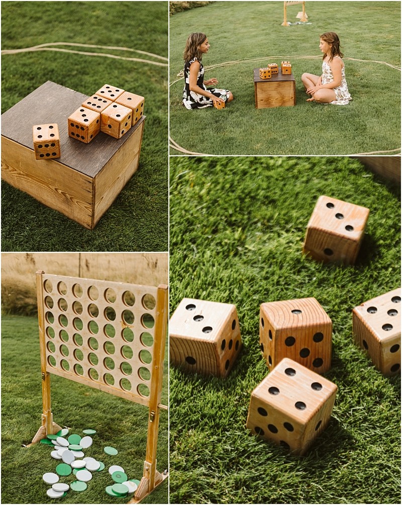 Premier snohomish & seattle wedding photographer | gsquared weddings photography a collage shows two girls sitting on grass at a snohomish seattle wedding playing with oversized wooden dice a close up of the dice a large wooden connect four game on the lawn and more dice scattered on the grass | serving snohomish seattle                   & beyond