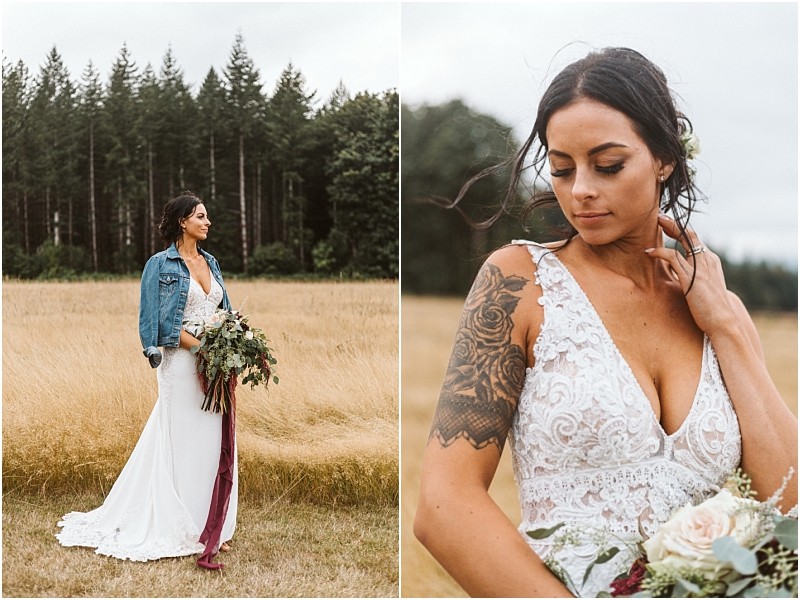 Premier snohomish & seattle wedding photographer | gsquared weddings photography a bride in a white lace dress poses outdoors in a grassy snohomish field in one image she wears a denim jacket and holds a bouquet while the other highlights her lace dress and floral tattooperfect inspiration for a seattle wedding engagement | serving snohomish seattle                   & beyond