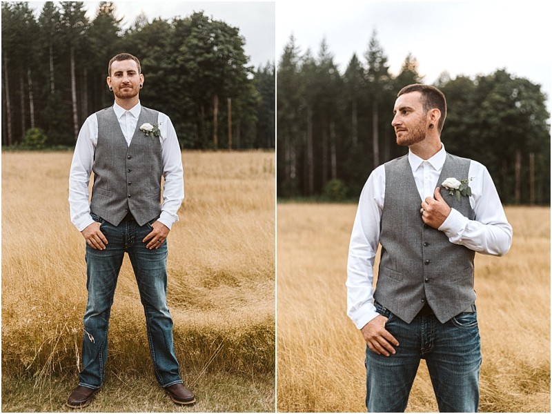 Premier snohomish & seattle wedding photographer | gsquared weddings photography a man stands in a field of tall yellow grass near snohomish dressed for a seattle wedding engagement in a white shirt gray vest blue jeans brown boots and a white boutonniere Trees form the scenic backdrop | serving snohomish seattle                   & beyond
