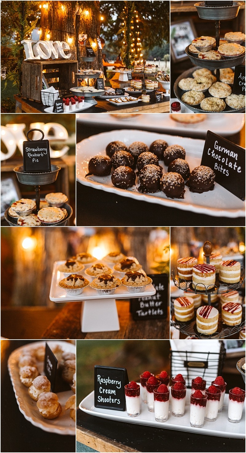 Premier snohomish & seattle wedding photographer | gsquared weddings photography a rustic dessert table at a snohomish seattle wedding features assorted pastries cookies tarts german chocolate bites and raspberry cream shooters with charming handwritten labels and warm string lights in the background | serving snohomish seattle                   & beyond