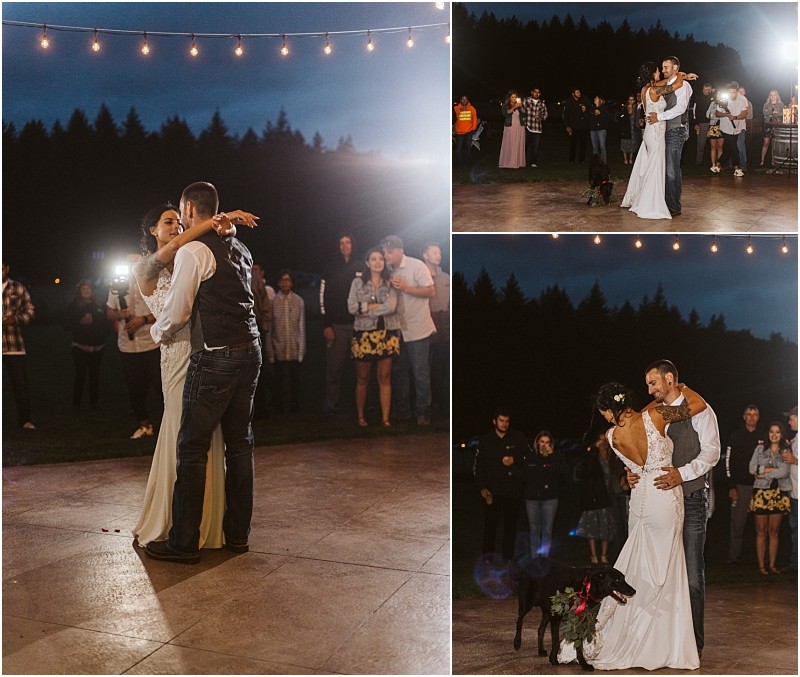 Premier snohomish & seattle wedding photographer | gsquared weddings photography a bride and groom share their first dance outdoors at night under string lights at a snohomish wedding surrounded by guests In one image their dog with a floral collar stands nearby The scene is joyful and romantic | serving snohomish seattle                   & beyond