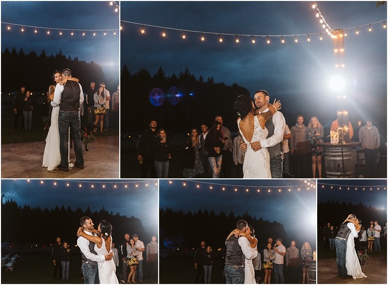 Premier snohomish & seattle wedding photographer | gsquared weddings photography a collage of five photos shows a snohomish bride and groom dancing outdoors at night under string lights surrounded by guests The sky is dark blue and people watch the couple enjoy their first dance | serving snohomish seattle                   & beyond