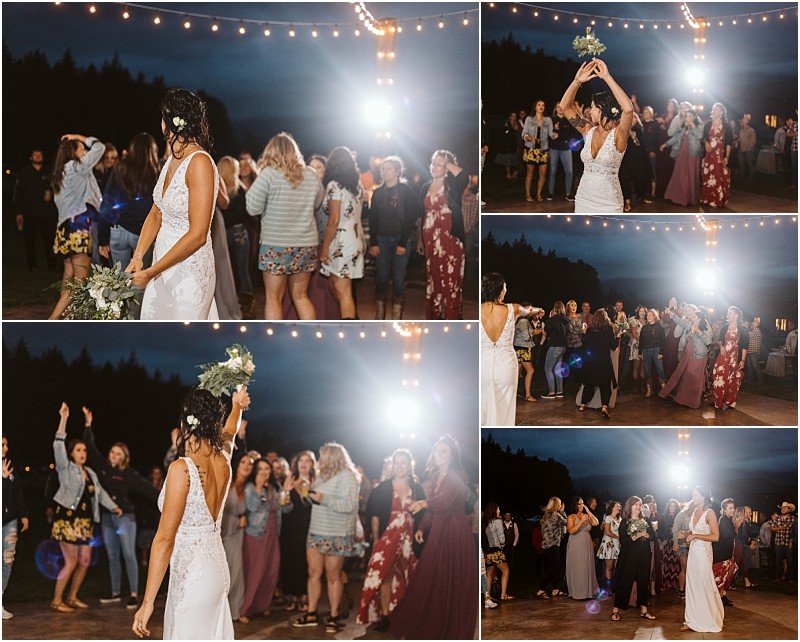 Premier snohomish & seattle wedding photographer | gsquared weddings photography a bride in a white dress tosses her bouquet to excited women during an outdoor snohomish wedding reception with string lights overhead and trees in the background | serving snohomish seattle                   & beyond