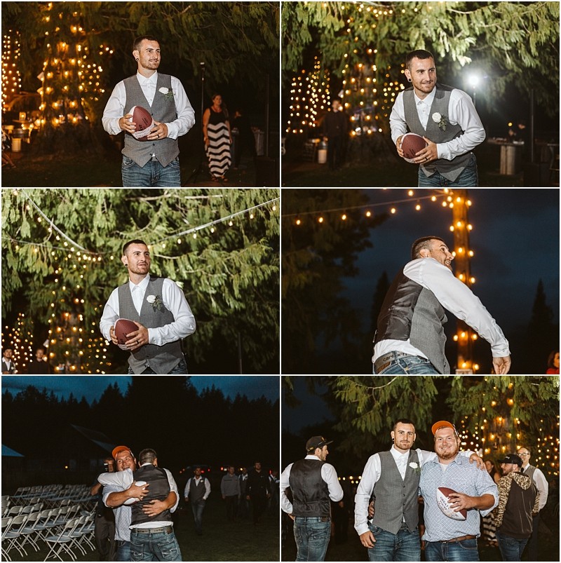Premier snohomish & seattle wedding photographer | gsquared weddings photography at a festive rustic snohomish seattle wedding a man in a vest and jeans throws a football under string lights at night He celebrates and hugs another man as guests watch adding joy to the engagement celebration | serving snohomish seattle                   & beyond