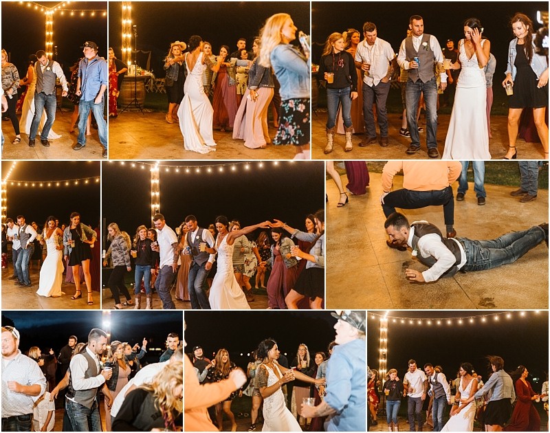 Premier snohomish & seattle wedding photographer | gsquared weddings photography a collage of snohomish wedding reception photos shows guests and the bride dancing laughing and enjoying themselves outdoors at night under string lights One man is breakdancing on the floor at this lively seattle celebration | serving snohomish seattle                   & beyond