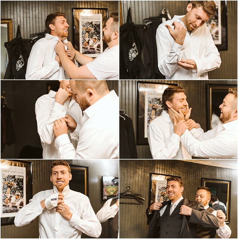 Premier snohomish & seattle wedding photographer | gsquared weddings photography a collage shows two men in a room helping each other get dressed in formalwear for a snohomish seattle wedding They adjust shirts fix collars laugh and put on jackets in a warm candid pre event moment | serving snohomish seattle                   & beyond