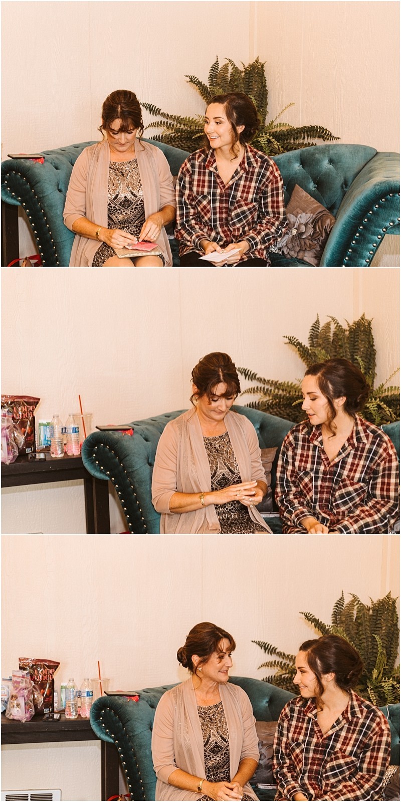 Premier snohomish & seattle wedding photographer | gsquared weddings photography two women sit together on a teal couch talking and smiling perhaps planning a snohomish seattle wedding engagement One wears a tan cardigan and glasses the other a plaid shirt Plants and water bottles sit on a nearby table in this warm friendly scene | serving snohomish seattle                   & beyond