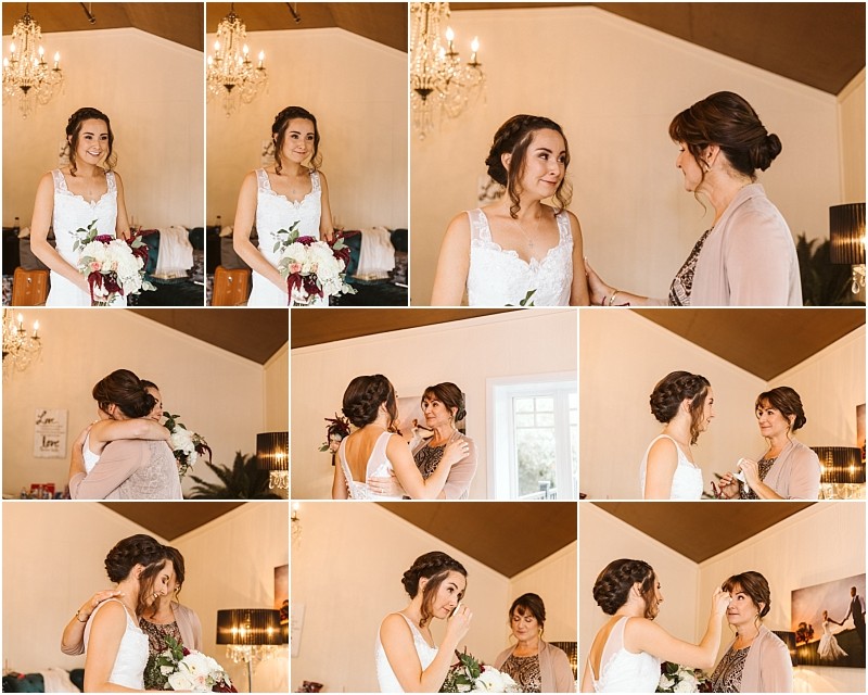 Premier snohomish & seattle wedding photographer | gsquared weddings photography a collage of photos shows a bride in a white dress and a woman in a light shawl sharing emotional moments at a snohomish seattle weddingsmiling hugging holding hands and wiping away tears indoors | serving snohomish seattle                   & beyond
