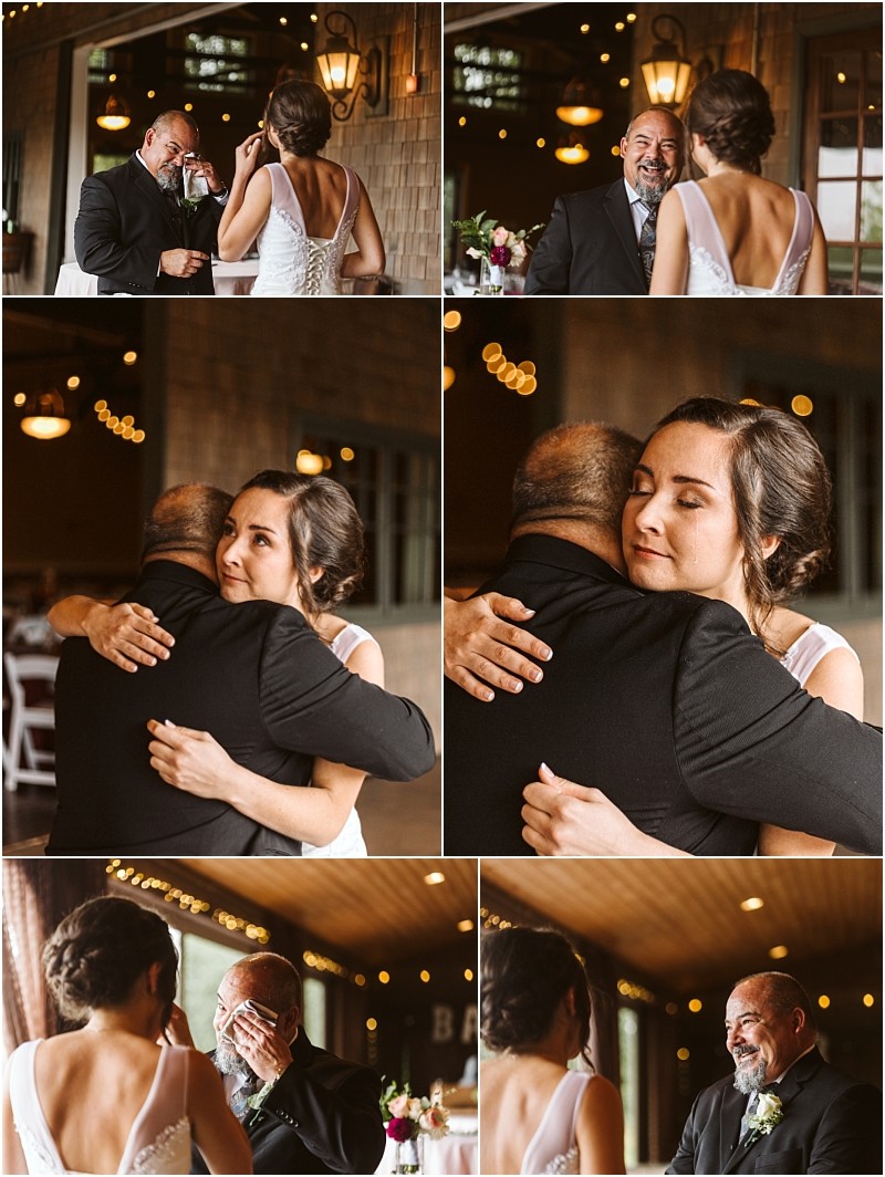 Premier snohomish & seattle wedding photographer | gsquared weddings photography a bride and her father share an emotional first look before her snohomish wedding hugging tightly and wiping away tears inside a warmly lit venue | serving snohomish seattle                   & beyond